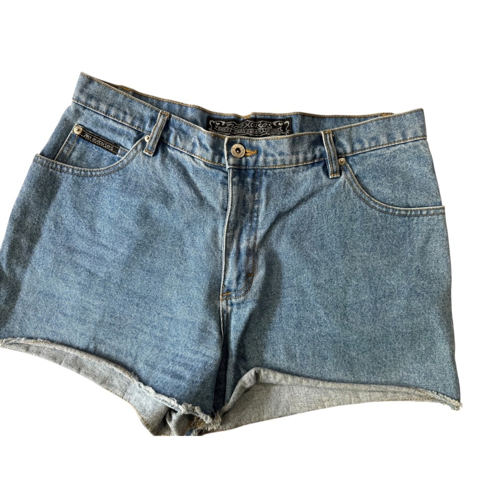 No Excuses Vintage Y2K High Waisted Raw Hem Denim Jean Shorts Blue Womens 13/14